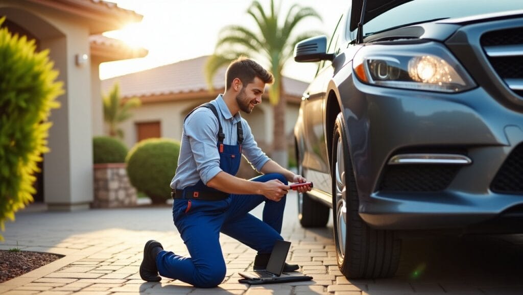 A professional mobile mechanic servicing a car in a suburban Mesa, AZ neighborhood during daylight. The scene captures a mechanic kneeling by a car’s open hood or changing a tire, using modern diagnostic tools. A business district or home driveway is in the background. The customer—a busy parent or professional—glances at their watch or works from a laptop nearby, symbolising time efficiency. The environment features signature Arizona elements like palm trees, desert tones, and sunny skies. The vibe is clean, professional, and focused on saving time and hassle.