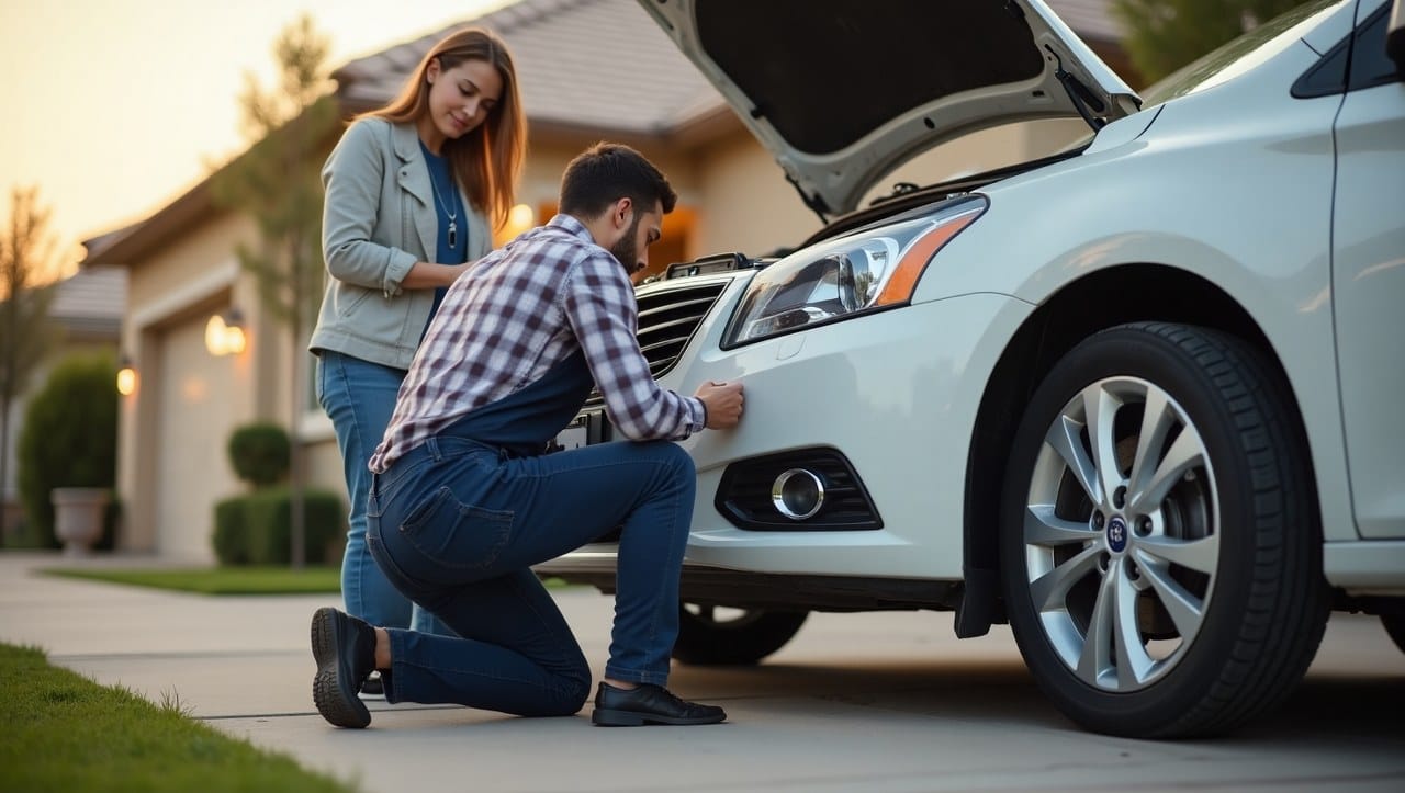 A professional mobile mechanic servicing a car in a suburban Mesa, AZ neighborhood during daylight. The scene captures a mechanic kneeling by a car’s open hood or changing a tire, using modern diagnostic tools. A business district or home driveway is in the background. The customer—a busy parent or professional—glances at their watch or works from a laptop nearby, symbolising time efficiency. The environment features signature Arizona elements like palm trees, desert tones, and sunny skies. The vibe is clean, professional, and focused on saving time and hassle.