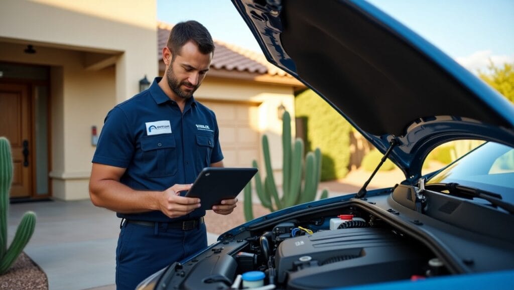 A professional mobile mechanic working on a car parked outside a modern home in Mesa, Arizona. The mechanic is wearing a branded uniform, equipped with a diagnostic tablet and tools. The setting captures the distinctive desert landscape—cactus plants, warm sunlight, and clear blue sky. Nearby, a street sign or mailbox subtly displays “Mesa, AZ.” The car’s hood is open, and the mechanic is focused on the engine, conveying expert, convenient service right at the customer’s doorstep. The overall mood is trustworthy, efficient, and hassle-free, emphasizing the freedom and flexibility mobile mechanics bring compared to traditional shops.