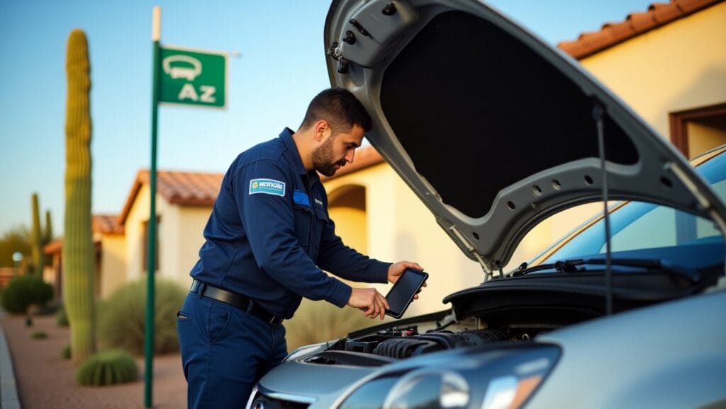 A professional mobile mechanic working on a car parked outside a modern home in Mesa, Arizona. The mechanic is wearing a branded uniform, equipped with a diagnostic tablet and tools. The setting captures the distinctive desert landscape—cactus plants, warm sunlight, and clear blue sky. Nearby, a street sign or mailbox subtly displays “Mesa, AZ.” The car’s hood is open, and the mechanic is focused on the engine, conveying expert, convenient service right at the customer’s doorstep. The overall mood is trustworthy, efficient, and hassle-free, emphasizing the freedom and flexibility mobile mechanics bring compared to traditional shops.