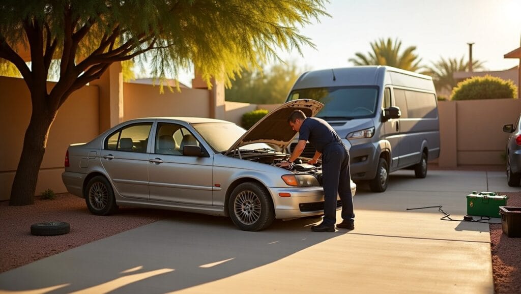 A sun-drenched driveway in Mesa, Arizona with a dusty car parked under a desert tree. A mobile mechanic van is parked nearby, and a mechanic in uniform is inspecting the car's engine. In the background, you can see flat tires, a battery on the ground, and a toolbox open with tools. The scene conveys heat, neglect, and expert on-site car service.