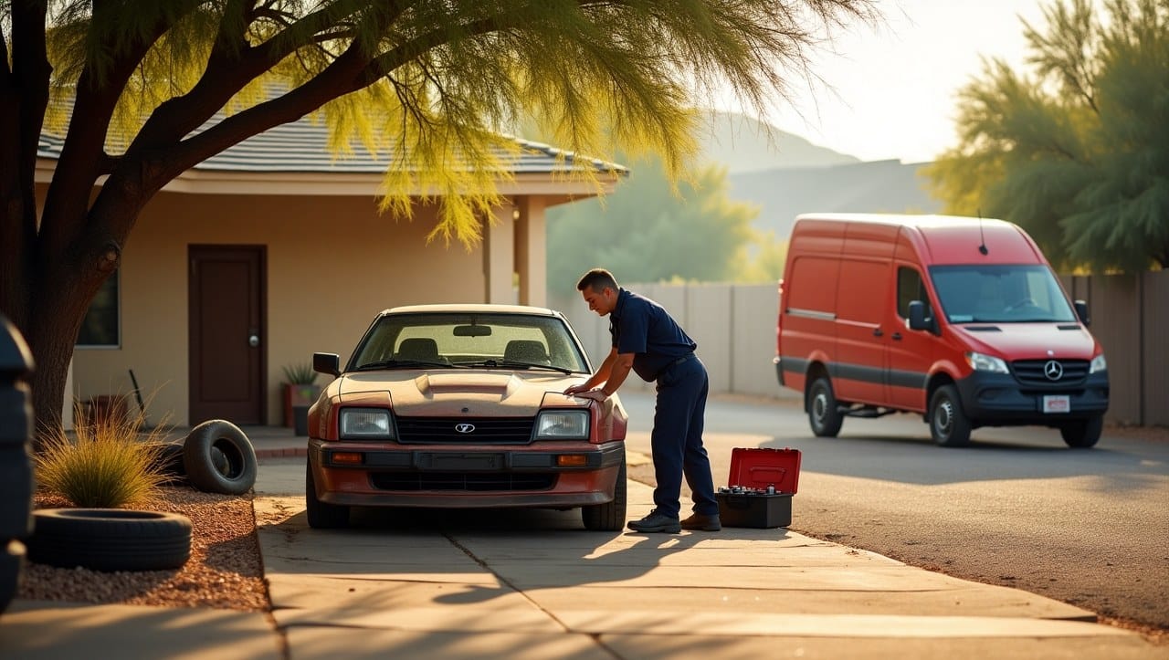 A sun-drenched driveway in Mesa, Arizona with a dusty car parked under a desert tree. A mobile mechanic van is parked nearby, and a mechanic in uniform is inspecting the car's engine. In the background, you can see flat tires, a battery on the ground, and a toolbox open with tools. The scene conveys heat, neglect, and expert on-site car service.