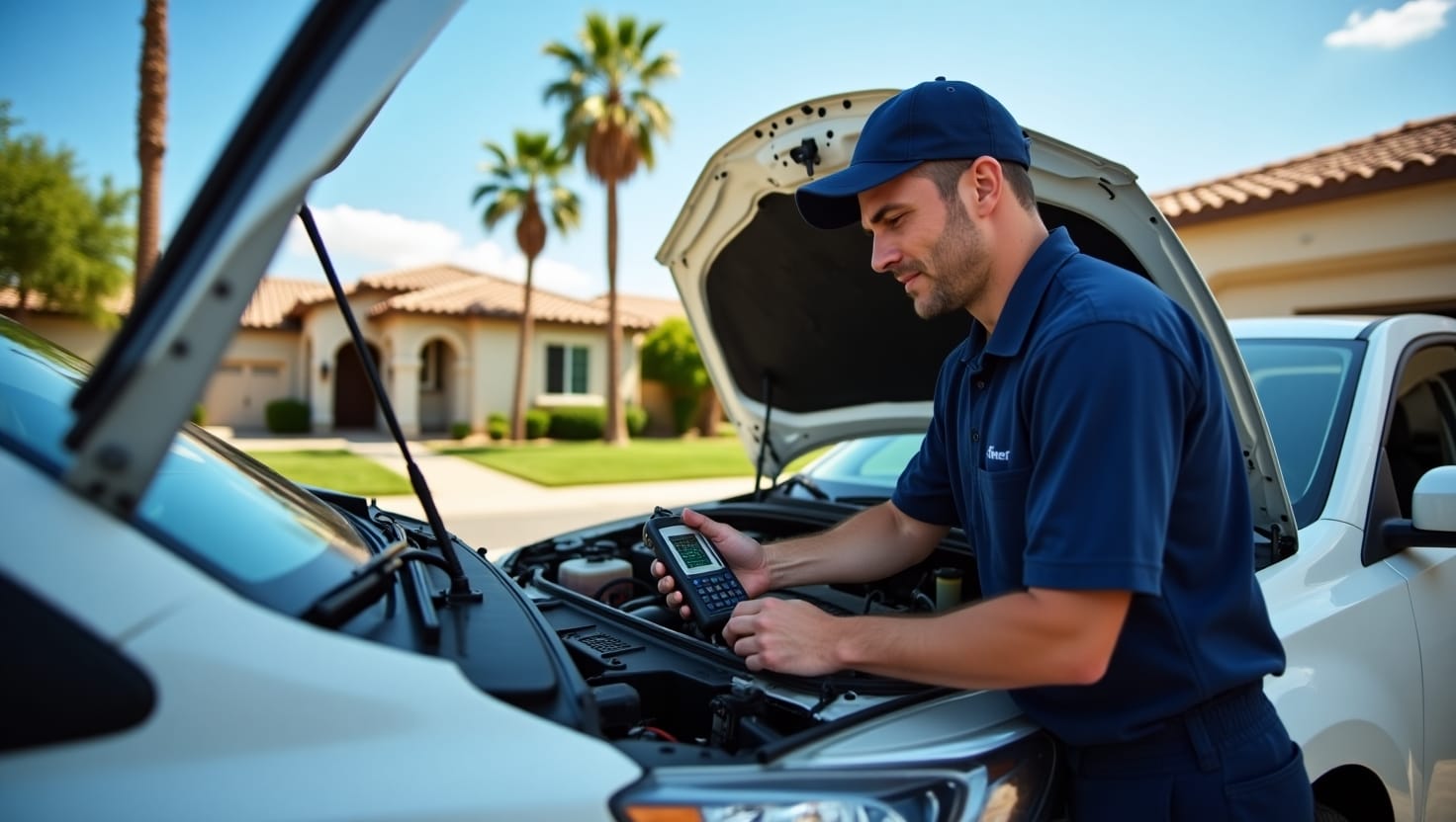A mobile mechanic working on a car in a residential Mesa, AZ neighborhood. The mechanic is using advanced diagnostic tools with the car’s hood open in the driveway.