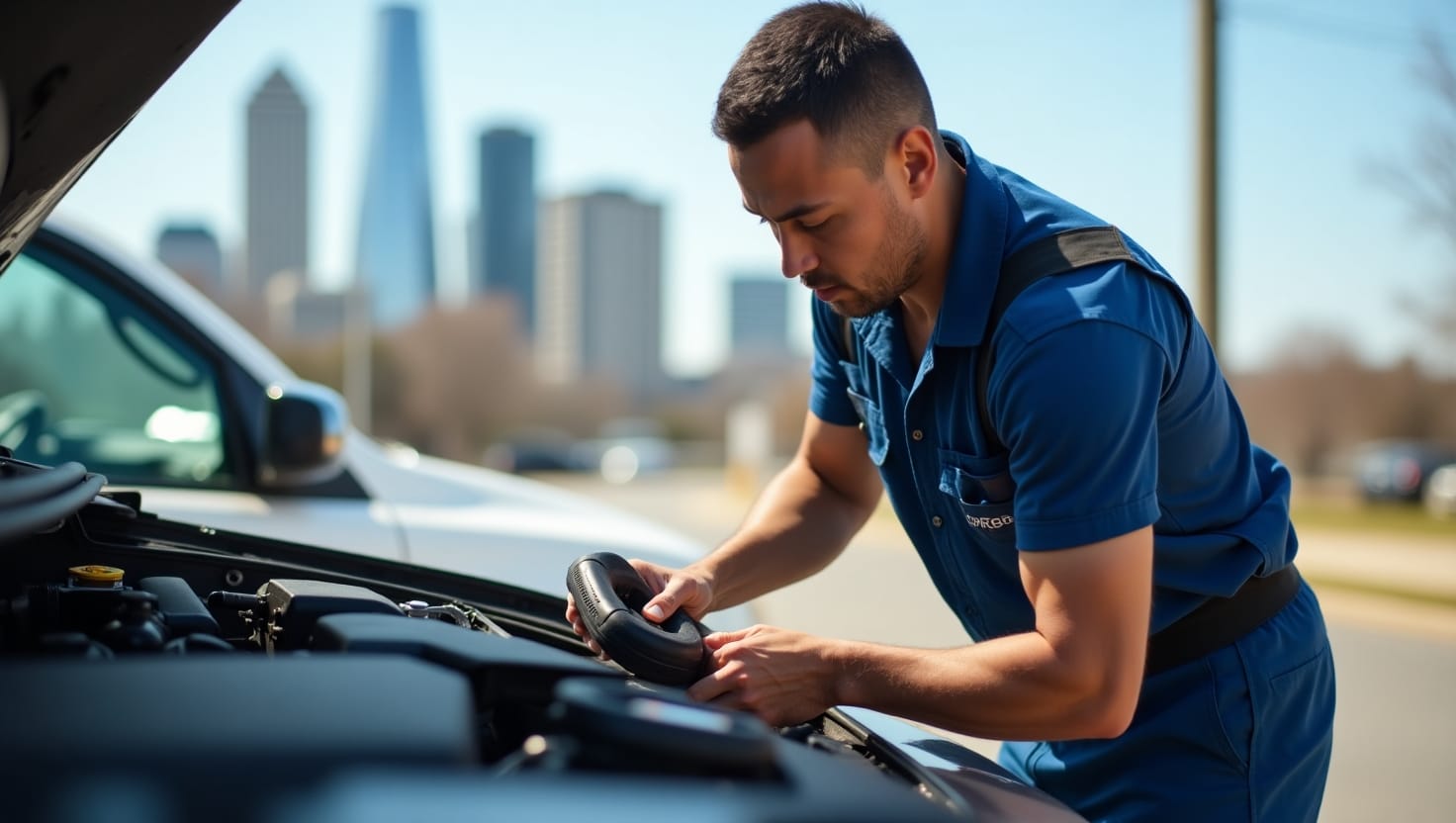 A mobile mechanic in Mesa, AZ repairing a car in a suburban driveway, with tools laid out neatly, sunny weather, desert landscaping, and a clear blue sky.
