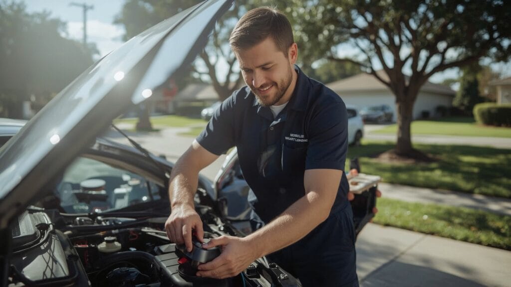 The setting includes a suburban home with a clear blue sky, a few palm trees, and the mechanic in uniform, focused on diagnosing the vehicle. The image should emphasize convenience, professionalism, and the sunny, relaxed vibe of Mesa.